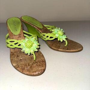 Green Flower Wedge Sandals Women's 8.5 Thong Heel Cork Sole Slides Shoes Spring